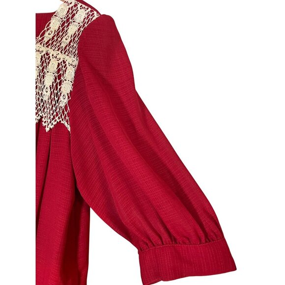 Retro Floral Lace Midi Dress 10 Red Workwear 70s Classic Chic Hippie Boho Pleats - Picture 5 of 12